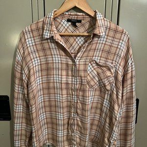 Forever 21 Tan Cropped Flannel Button Up Blouse Size L